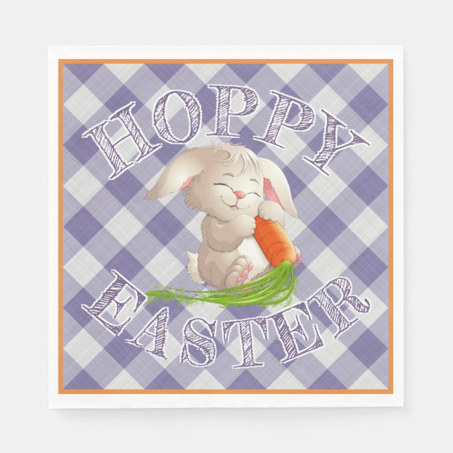Hoppy Happy Easter Bunny Violet Gingham Pattern Napkin (Front)