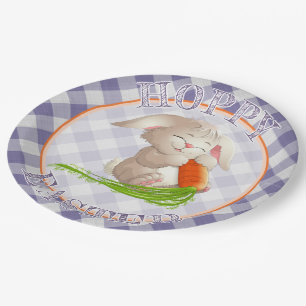 Hoppy Happy Easter Bunny Violet Gingham Pattern Paper Plate