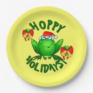 Hoppy Holidays Cartoon Christmas Frog Bows Bells Paper Plate