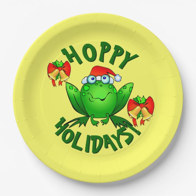 Hoppy Holidays Cartoon Christmas Frog Bows Bells Paper Plate (Front)