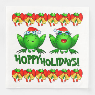 Hoppy Holidays Cartoon Christmas Frogs Bows Bells Napkin