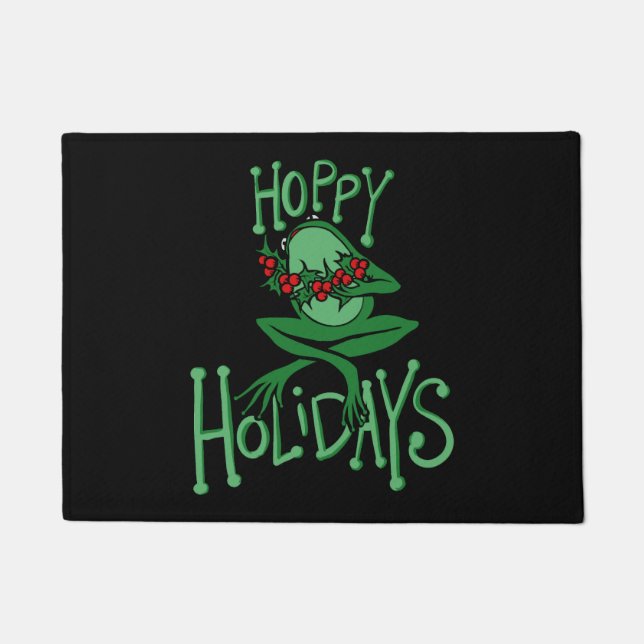 Hoppy Holidays Funny Christmas Frog Doormat (Front)