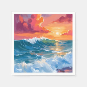 Horizon of Light Ocean Waves Sunset Watercolor Napkin