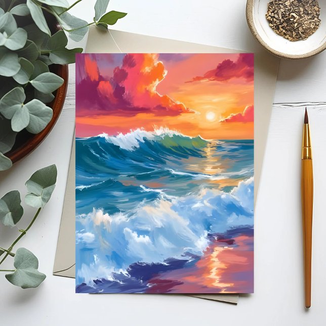 Horizon of Light | Ocean Waves Sunset Watercolor Postcard (Creator Uploaded)