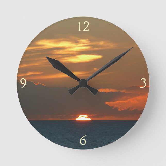 Horizon Sunset Colourful Seascape Photography Round Clock (Front)