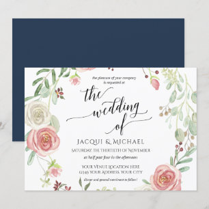 Horizonal Blush Rose Wreath Foliage Watercolor Invitation