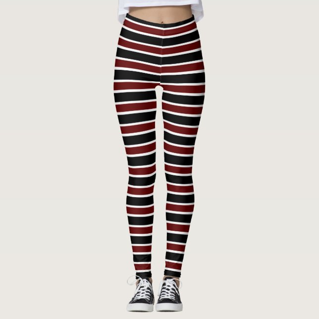 Horizontal Black Maroon White Stripe Pattern Leggings (Front)