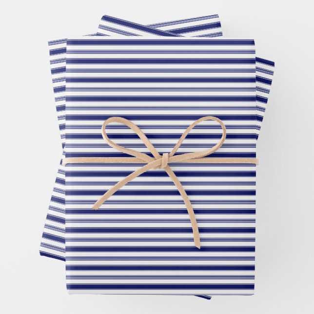 Horizontal Blue & White Stripes (small scale) Wrapping Paper Sheet (In situ)