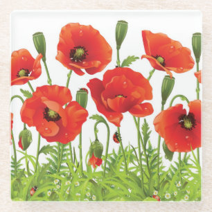 Horizontal border with red poppy glass coaster