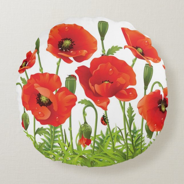 Horizontal border with red poppy round pillow (Front)