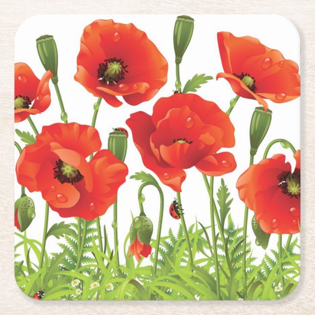 Horizontal border with red poppy square paper coaster (Front)