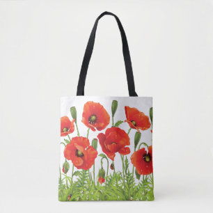 Horizontal border with red poppy tote bag