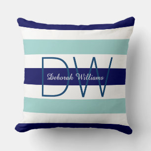 horizontal large blue (2 tones) stripes & monogram throw pillow