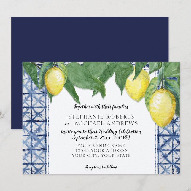 Horizontal Navy Blue White Shibori w Lemon Branch Invitation (Front/Back)