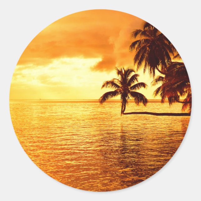Horizontal palm tree sunset round sticker (Front)