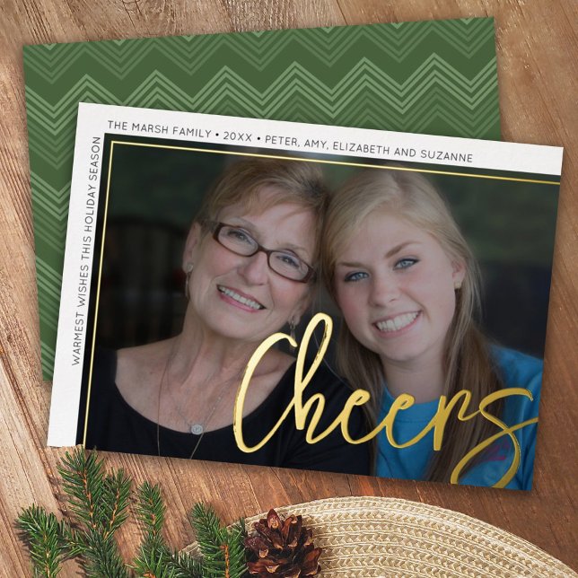 Horizontal Photo Green Chevrons Huge Script Cheers Foil Holiday Card (Creator Uploaded)