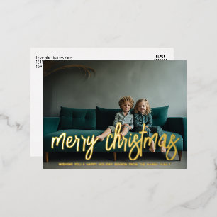 Horizontal Photo - large Merry Christmas Script - Foil Holiday Postcard