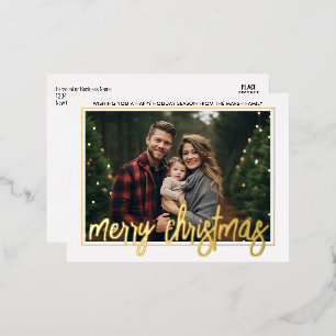 Horizontal Photo - large Merry Christmas Script - Foil Holiday Postcard