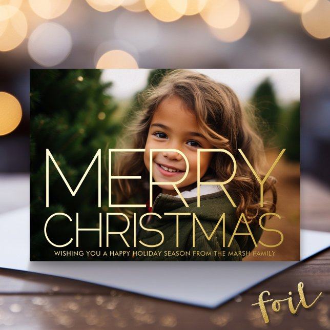 Horizontal Photo - MCM Pattern - Merry Christmas Foil Holiday Card (Gold Foil Christmas Photo Card - Modern Holiday Greeting)