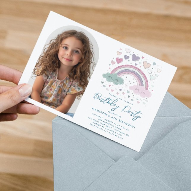 Horizontal Pink I Purple Rainbow & Hearts Birthday Invitation (Creator Uploaded)