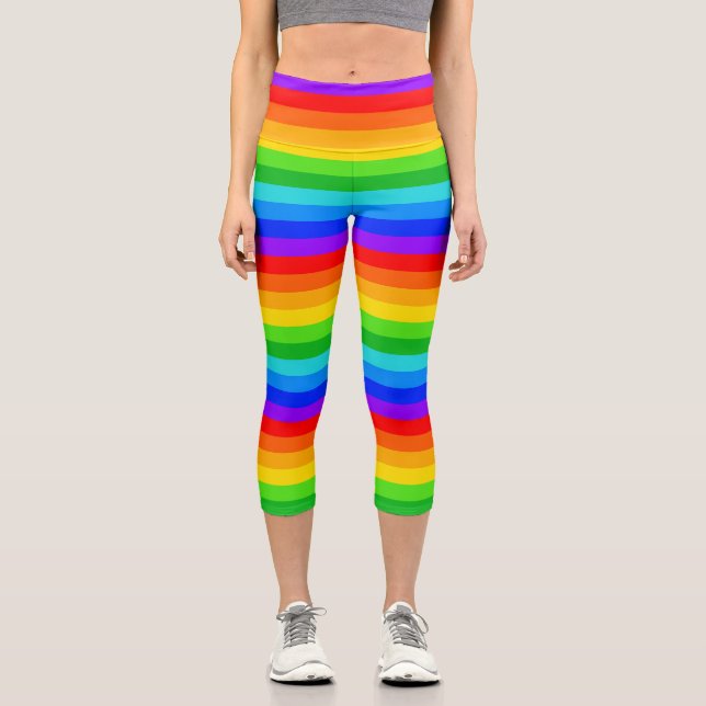 Horizontal Rainbow Stripe Pattern Capri Leggings (Front)