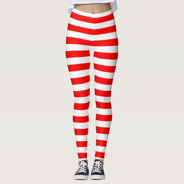 Horizontal Red And White Stripe Leggings (Front)