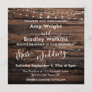 Horizontal Rustic Wood & Light Strings Wedding Invitation