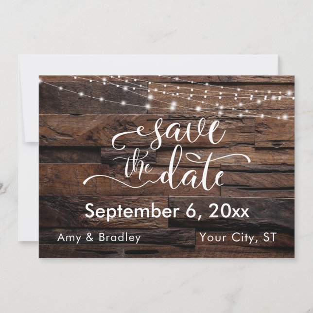 Horizontal Rustic Wood & Lights Save the Date (Front)