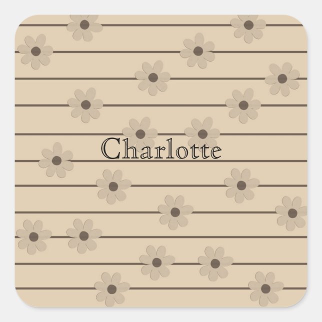 Horizontal Stripe Brown Khaki Flower Y2K Pattern Square Sticker (Front)