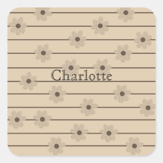 Horizontal Stripe Brown Khaki Flower Y2K Pattern Square Sticker
