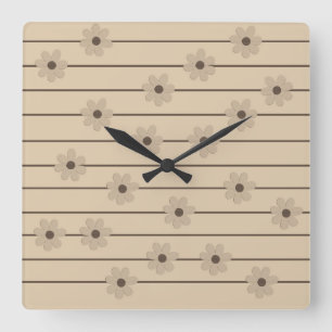 Horizontal Stripe Brown Khaki Flower Y2K Pattern Square Wall Clock
