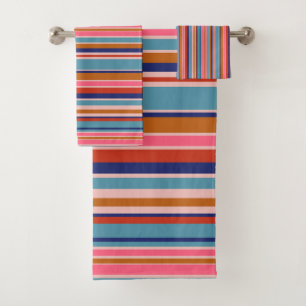 Horizontal stripes blue pink terracotta retro  bath towel set