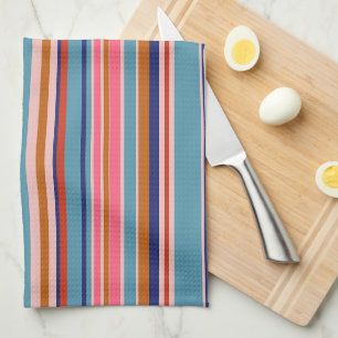 Horizontal stripes blue pink terracotta retro kitchen towel