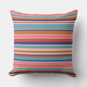 Horizontal stripes blue pink terracotta retro  outdoor pillow