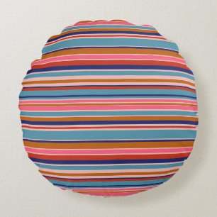 Horizontal stripes blue pink terracotta retro round pillow
