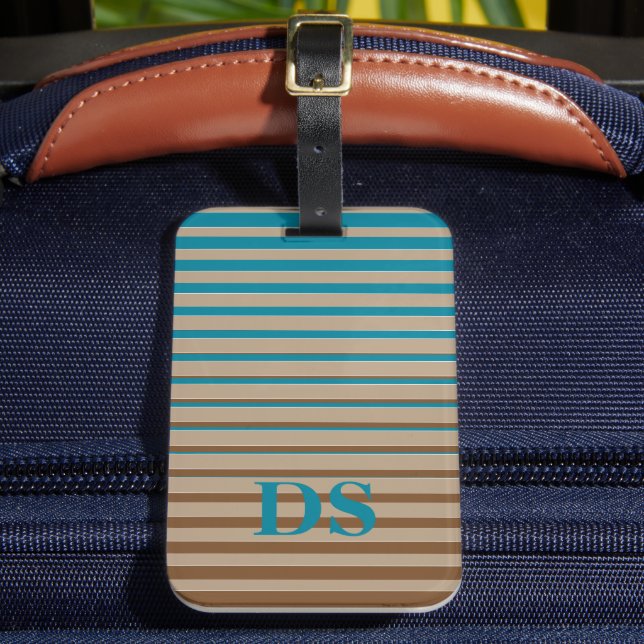 Horizontal Stripes Brown & Blue Monogram Luggage Tag (Front Insitu 2)