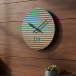 Horizontal Stripes Brown & Blue Monogram Round Clock<br><div class="desc">A stylish clock with horizontal stripes in brown, beige and blue in a modern minimalist design style with a touch of beach vibes.</div>