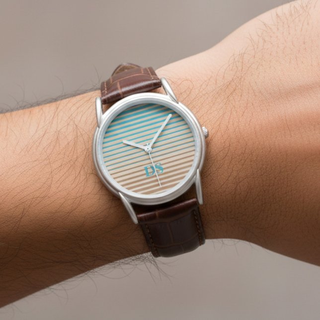 Horizontal Stripes Brown & Blue Monogram Watch (brown watch with monogram)