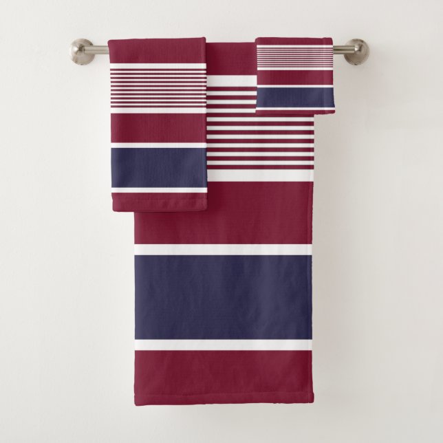 Horizontal stripes, burgundy, navy blue, white bath towel set (Insitu)