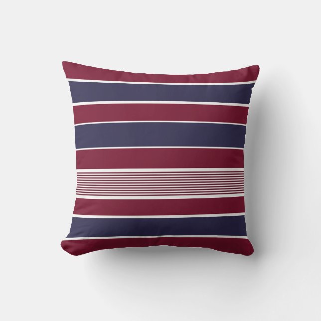 Horizontal stripes, burgundy, navy blue, white throw pillow (Front)