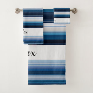 Horizontal Stripes in Blue White Gray Bath Towel Set