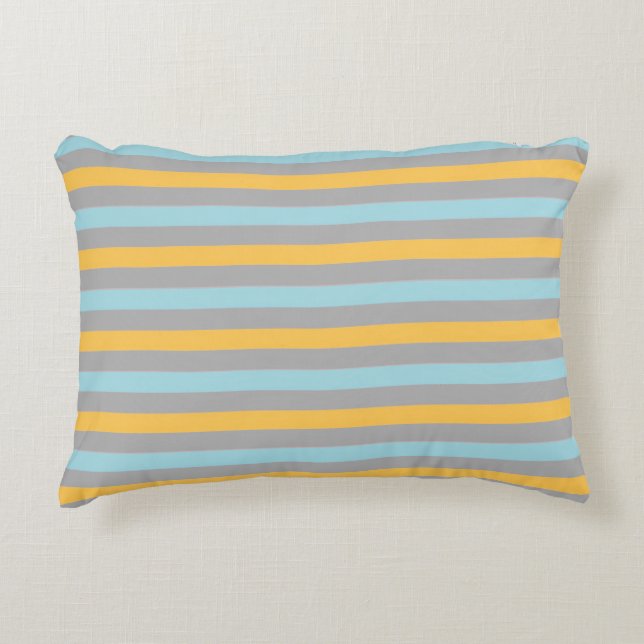 Horizontal Turquoise, Grey and Yellow Stripes Accent Pillow (Front)