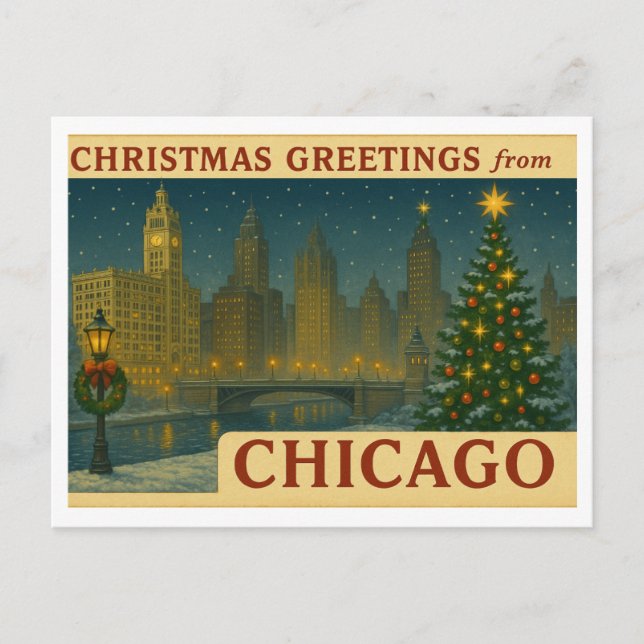 Horizontal Vintage Chicago Christmas Postcard (Front)