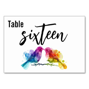 Horizontal wedding Rainbow Lovebirds Table Number