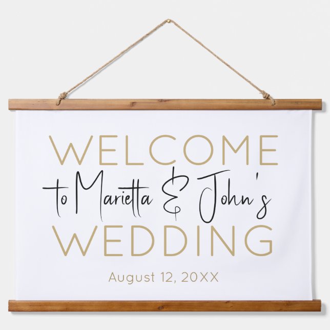 Horizontal White Gold Elegant Wedding Welcome Sign Hanging Tapestry (Front)