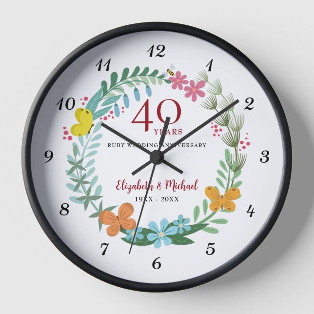 Horloge 40e anniversaire du Mariage Ruby papillon floral (Recto)