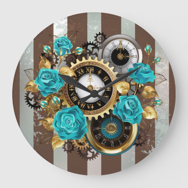 Horloge à vapeur et Roses turquoise sur le sol (Recto)