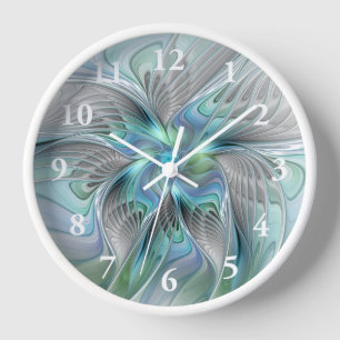 Horloge Abstrait Bleu Vert Papillon Imaginaire Fractal Art