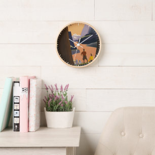 Horloge Affiche Vintage voyage Vue Montagne