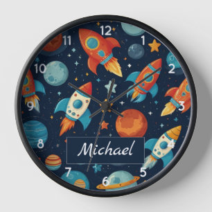 Horloge Ajouter votre nom Cool Rocket Ship Space and Plane